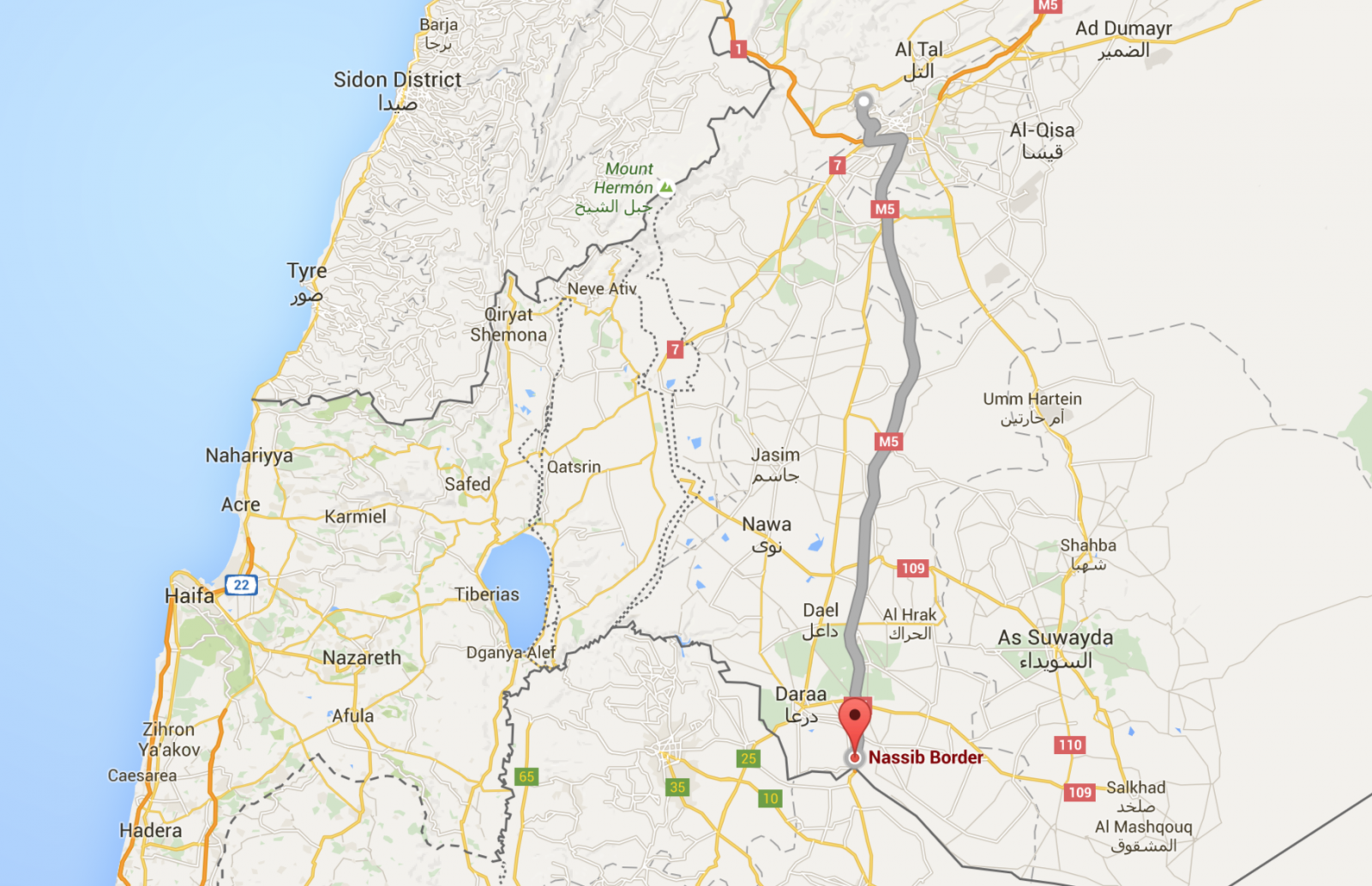 Route taken by Somar Kreker from his hometown of Qudssaya, Syria, to the Jordanian Border
